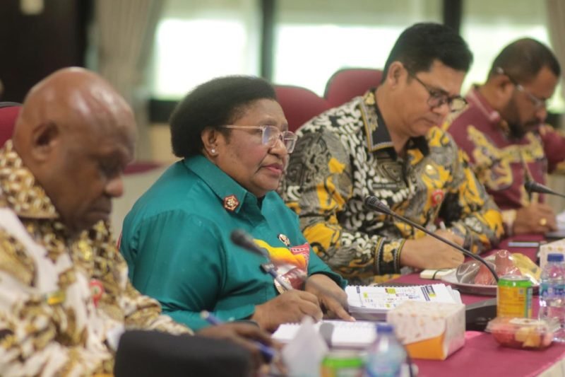 Pj Gubernur Ribka Haluk ketika menyampaikan capaian kinerja pada pelaksanaan evaluasi Pejabat Kepala Daerah Triwulan ke-II oleh tim Auditor yang dilaksanakan di Gedung Irjen Kemendagri, Jakarta. (Foto: Istimewa)
