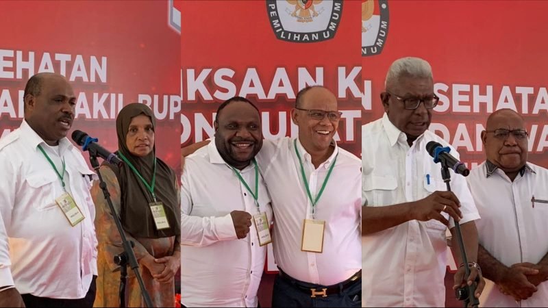 Para pasangan calon Bupati dan Wakil Bupati Mimika saat konferensi pers usai jalani pemeriksaan kesehatan hari pertama. (Foto: Galeri Papua/Moh. Wahyu Welerubun)