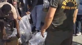 Petugas mengamankan puluhan liter sopi saat kedatangan KM Tatamailau di Pelabuhan Poumako, Timika, Senin (23/12/2024). (Foto: Istimewa/Tangkapan Layar Video)