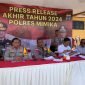 Kapolres Mimika, AKBP I Komang Budiartha, didampingi Wakapolres Mimika, Kompol Hermanto, dan sejumlah pejabat utama Polres Mimika dalam konferensi pers refleksi akhir tahun 2024 di Kantor Pelayanan Polres Mimika, Selasa (31/12/2024). (Foto: Galeri Papua/Wahyu)