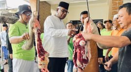 Bupati Mimika, Johannes Rettob, meninjau proses penyembelihan hewan kurban di Masjid Miftahul Huda LDII. (Foto: Galeri Papua/Benaz)