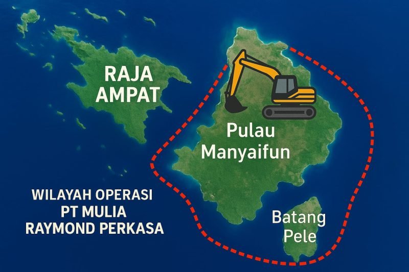 Peta Pulau Manyaifun dan Batang Pele, di Distrik Waigeo Barat Kepulauan, Kabupaten Raja Ampat, Papua Barat Daya, yang menjadi target operasi tambang nikel dari PT Mulia Raymond Perkasa. (Foto: Galeri Papua/Endy Langobelen regenerated by Open AI)