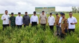 Foto bersama Menteri Koordinator (Menko) Pangan, Menteri Pertahanan, Menteri Pekerjaan Umum, Menteri Lingkungan Hidup, Menteri Pertanian, Wakil Panglima TNI, Kasum TNI, Staf Khusus Presiden Bidang Infrastruktur, Direktur Utama PT Pindad, serta Kepala Badan Logistik dan Ketahanan Nasional (Kabaloghan). (Foto: Istimewa/Satgas Media Koops Habema)
