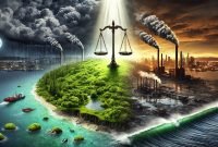 Ilustrasi krisis iklim dan hukum internasional. (Galeri Papua/Endy Langobelen regenerated by DALL·E - Open AI)