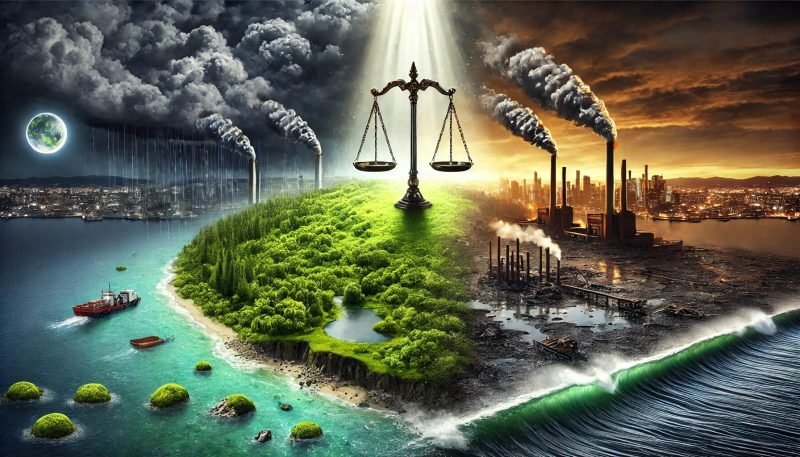 Ilustrasi krisis iklim dan hukum internasional. (Galeri Papua/Endy Langobelen regenerated by DALL·E - Open AI)