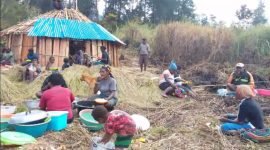 Kepala Suku Dani bersama masyarakat gelar masak dan makan bersama di Kampung Yenggernok, Distrik Gome, Kabupaten Puncak, Papua Tengah. (Foto: Istimewa)