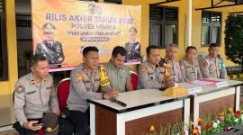 Kapolres Mimika AKBP Billyandha Hildiario Budiman memaparkan Refleksi Akhir Tahun 2025 Polres Mimika dalam konferensi pers di Mapolres Mimika, Jalan Agimuga, Mile 32, Distrik Kuala Kencana, Mimika, Papua Tengah, Selasa (30/12/2025). (Foto: Galeri Papua/Ahmad)