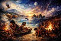 Ilustrasi puisi Tifa, Batu, dan Langit yang Tak Tidur. (Foto: Galeri Papua/Endy Langobelen regenerated by ChatGPT)