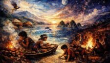 Ilustrasi puisi Tifa, Batu, dan Langit yang Tak Tidur. (Foto: Galeri Papua/Endy Langobelen regenerated by ChatGPT)