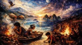 Ilustrasi puisi Tifa, Batu, dan Langit yang Tak Tidur. (Foto: Galeri Papua/Endy Langobelen regenerated by ChatGPT)