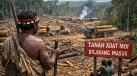 Ilustrasi industri kayu di atas tanah adat Moi, Kabupaten Sorong. (Foto: Galeri Papua/Endy Langobelen regenerated by OpenAI)