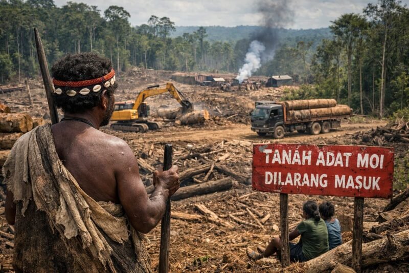 Ilustrasi industri kayu di atas tanah adat Moi, Kabupaten Sorong. (Foto: Galeri Papua/Endy Langobelen regenerated by OpenAI)