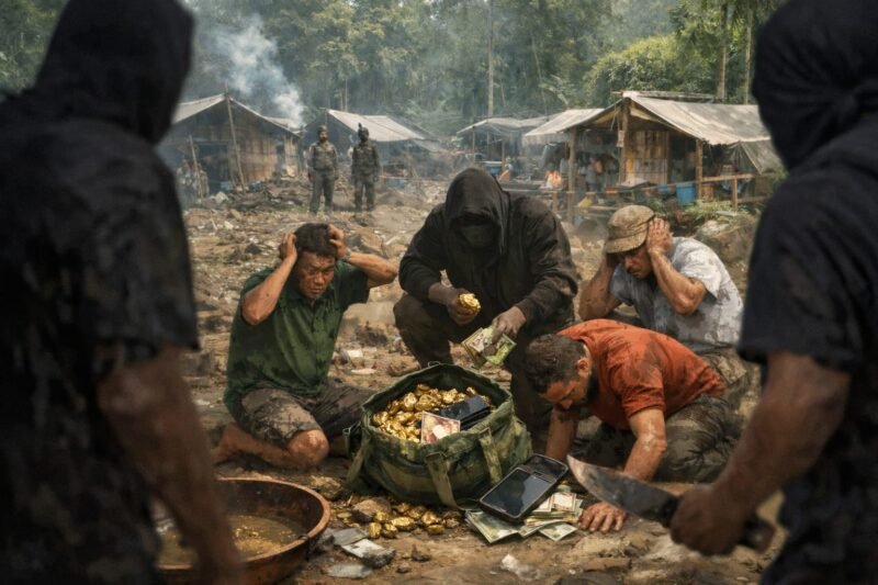 Ilustrasi perampokan oleh OTK terhadap pendulang emas di Mimika. (Foto: Galeri Papua/Endy Langobelen regenerated by OpenAI)