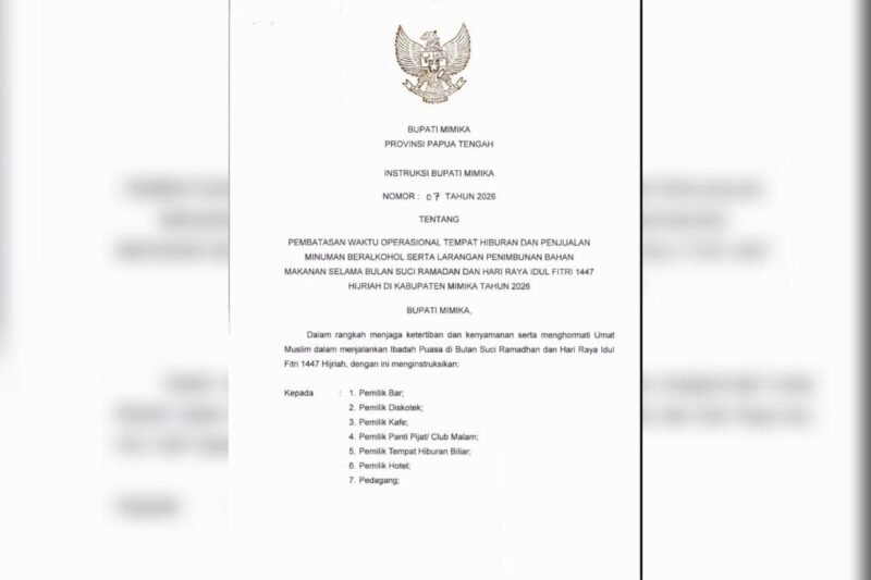 Dokumen Instruksi Bupati Mimika tentang pembatasan waktu operasional tempat hiburan dan penjualan minuman beralkohol serta larangan penimbunan bahan makanan selama bulan suci Ramadan dan Hari Raya Idul Fitri 1447 Hijriah di Kabupaten Mimika. (Foto: Tangkapan layar file pdf Instruksi Bupati Mimika)