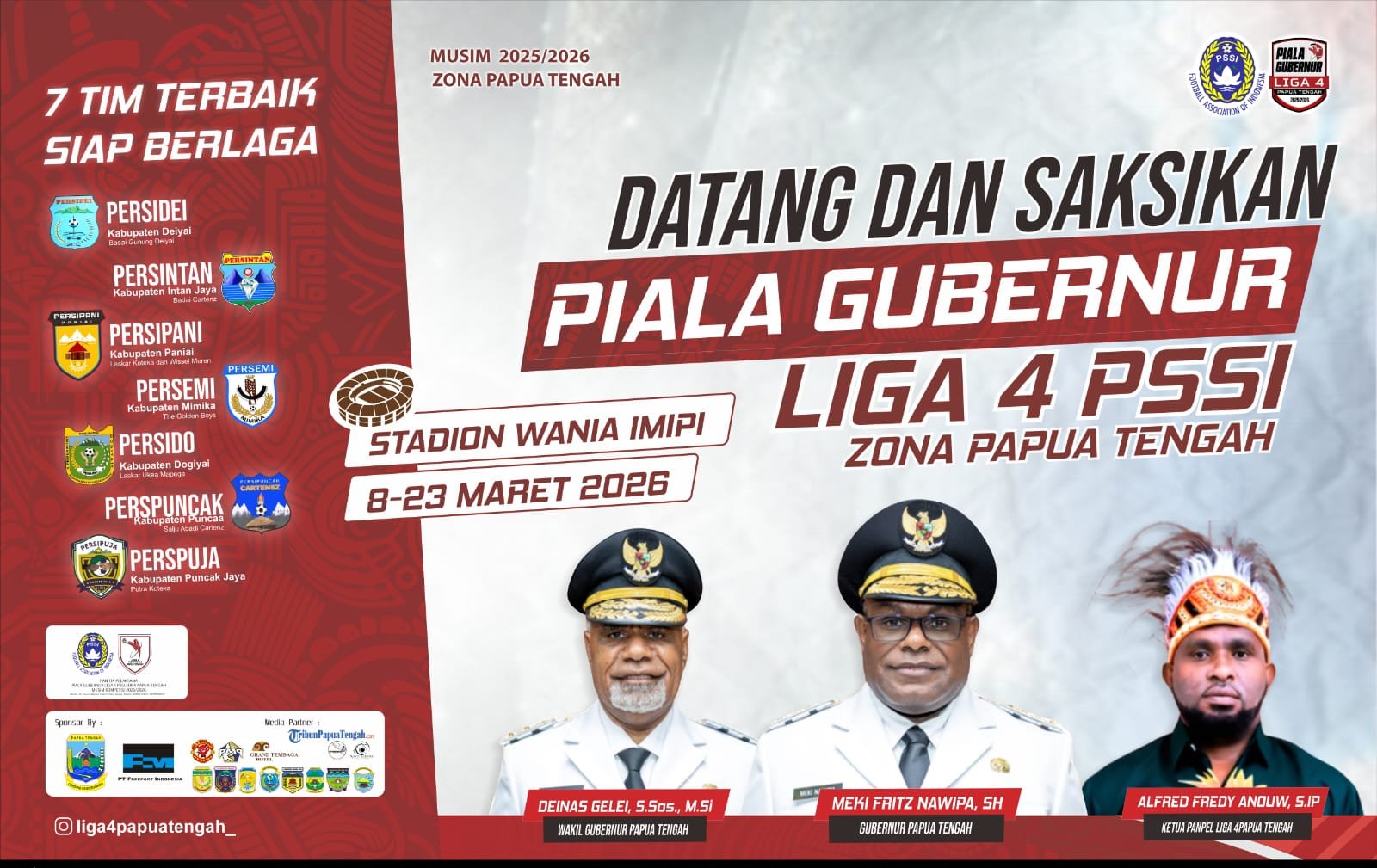 *Stadion Wania Imipi Diasesmen Polda untuk Liga 4 PSSI Papua Tengah* MIMIKA – Menjelang bergulirnya kompetisi Piala Gubernur Liga 4 PSSI Papua Tengah musim 2025/2026 pada 9 Maret 2026 mendatang, kesiapan Stadion Wania Imipi SP... _Baca selengkapnya:_ https://galeripapua.com/stadion-wania-imipi-diasesmen-polda-untuk-liga-4-pssi-papua-tengah/