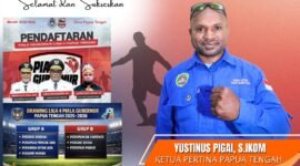 Ketua Persatuan Tinju Amatir Indonesia (PERTINA) Provinsi Papua Tengah, Yustinus Pigai, S.I.Kom, yang menyatakan dukungan penuh terhadap ajang Piala Gubernur Liga 4 Provinsi Papua Tengah musim 2025–2026. (Foto: Panitia Liga 4 Papua Tengah)