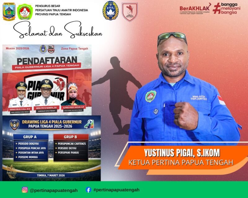Ketua Persatuan Tinju Amatir Indonesia (PERTINA) Provinsi Papua Tengah, Yustinus Pigai, S.I.Kom, yang menyatakan dukungan penuh terhadap ajang Piala Gubernur Liga 4 Provinsi Papua Tengah musim 2025–2026. (Foto: Panitia Liga 4 Papua Tengah)