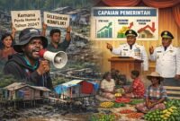 Ilustrasi kritikan mahasiswa atas klaim capaian positif pada kepemimpinan JOEL di Mimika. (Foto: Galeri Papua/Endy Langobelen regenerated by OpenAI) 