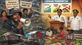 Ilustrasi kritikan mahasiswa atas klaim capaian positif pada kepemimpinan JOEL di Mimika. (Foto: Galeri Papua/Endy Langobelen regenerated by OpenAI) 