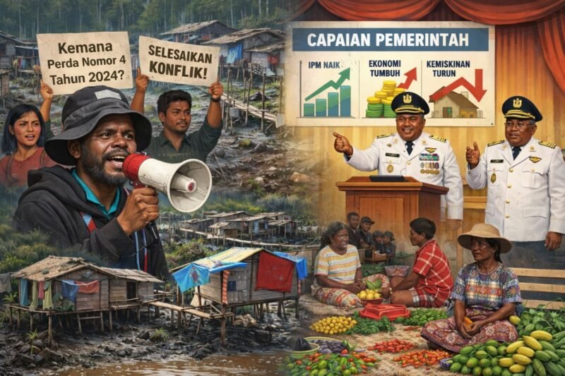 Ilustrasi kritikan mahasiswa atas klaim capaian positif pada kepemimpinan JOEL di Mimika. (Foto: Galeri Papua/Endy Langobelen regenerated by OpenAI) 