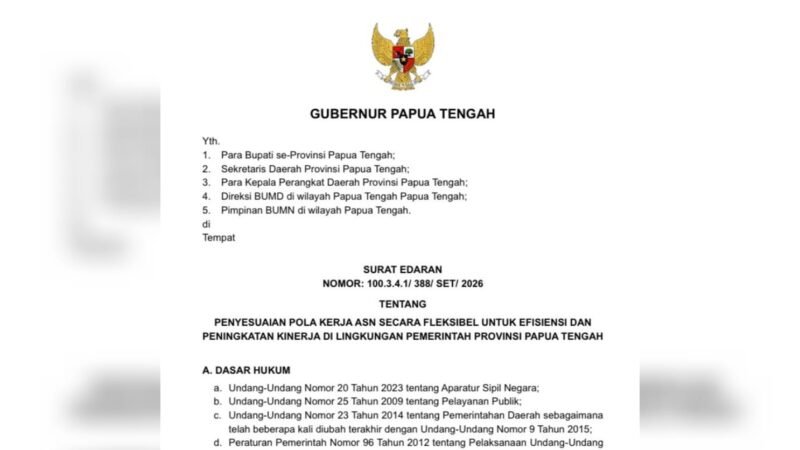 Surat Edaran Gubernur Papua Tengah Nomor 100.3.4.1/388/SET/2026. (Foto: Tangkapan layar)