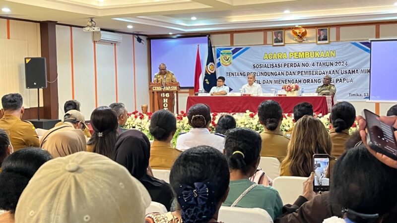 Wakil Bupati Mimika, Emanuel Kemong, membawakan sambutan dalam kegiatan sosialisasi Perda Nomor 4 Tahun 2024 di Hotel Cenderawasih 66, Timika, Papua Tengah, Senin (13/4/2026). (Foto: Galeri Papua/Endy Langobelen)