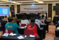 Narasumber sedang memaparkan materi peserta pendampingan, koordinasi dan evaluasi Pemeriksaan Kesehatan Gratis (PKG) diikuti oleh lintas sektor dan perwakilan puskesmas di Ballroom Hotel Horison Diana Timika, Jumat (29/5/2026). (Foto: Galeri Papua/Ahmad)