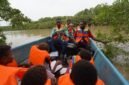 David Nataime seorang Pemandu Tour Ekowisata Mangrove Pigapi Sedang menjelaskan manfaat Tumbuhan Ndoa atau dalam bahasa indonesia disebut Jeruju (Acanthus ilicifolius) yang digunakan sebagai bahan baku utama Minuman Ndoa kepada murid dan guru SD Negeri Pigapu. (Foto: Istimewa)