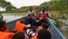 David Nataime seorang Pemandu Tour Ekowisata Mangrove Pigapi Sedang menjelaskan manfaat Tumbuhan Ndoa atau dalam bahasa indonesia disebut Jeruju (Acanthus ilicifolius) yang digunakan sebagai bahan baku utama Minuman Ndoa kepada murid dan guru SD Negeri Pigapu. (Foto: Istimewa)