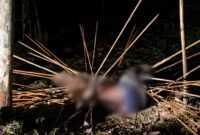 Jenazah korban tergeletak di Kampung Amole, Distrik Kwamki Narama, Mimika, dengan sejumlah panah menancap di sekujur tubuhnya. (Foto: Istimewa/Tangkapan layar video amatir)