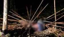 Jenazah korban tergeletak di Kampung Amole, Distrik Kwamki Narama, Mimika, dengan sejumlah panah menancap di sekujur tubuhnya. (Foto: Istimewa/Tangkapan layar video amatir)